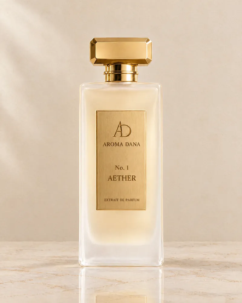 The No. 1 Aether 50 mL bottle: frosted ivory glass, gold cap and gold label, standing on a cream marble ledge against a cream wall.