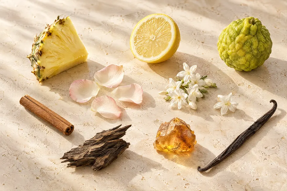 The ingredients of No. 1 Aether: Pineapple, Lemon, Bergamot, Rose, Jasmine, Soft Spice, Oud, Amber, Musk, Vanilla.