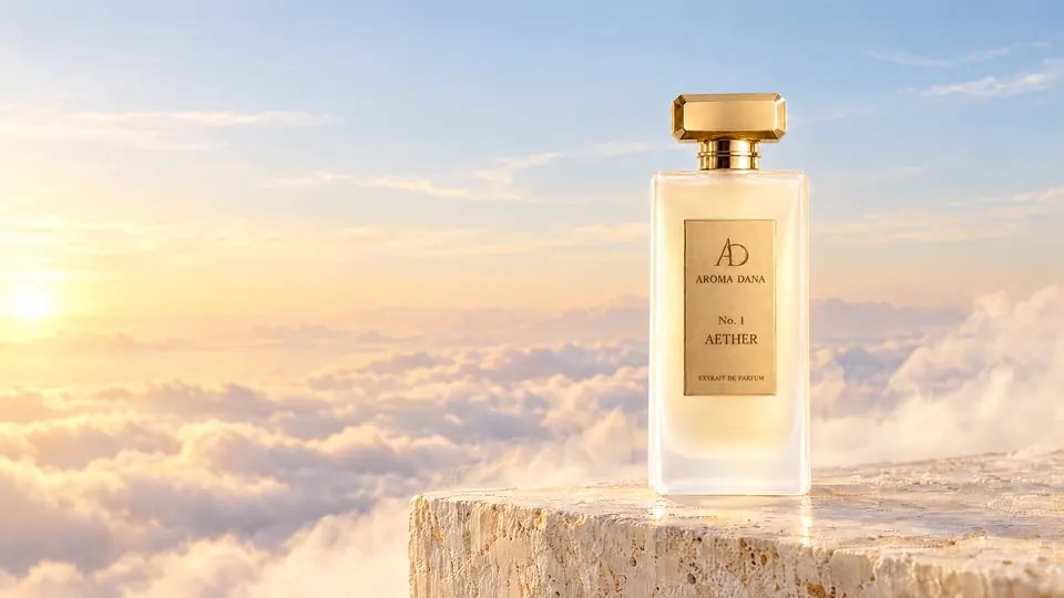 The No. 1 Aether 50 mL bottle: frosted ivory glass, gold cap and gold label, on a pale stone ledge above a sea of clouds at sunrise.