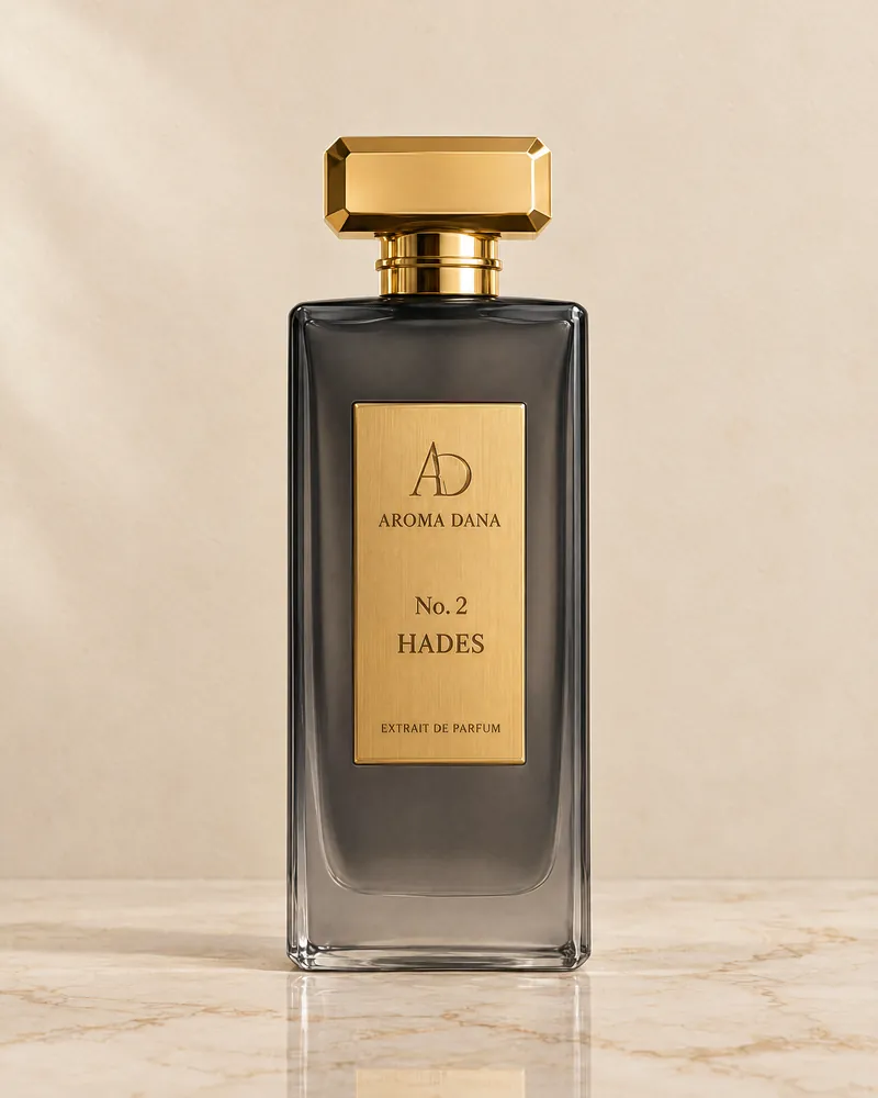 The No. 2 Hades 50 mL bottle: smoked charcoal glass, gold cap and gold label, standing on a cream marble ledge against a cream wall.