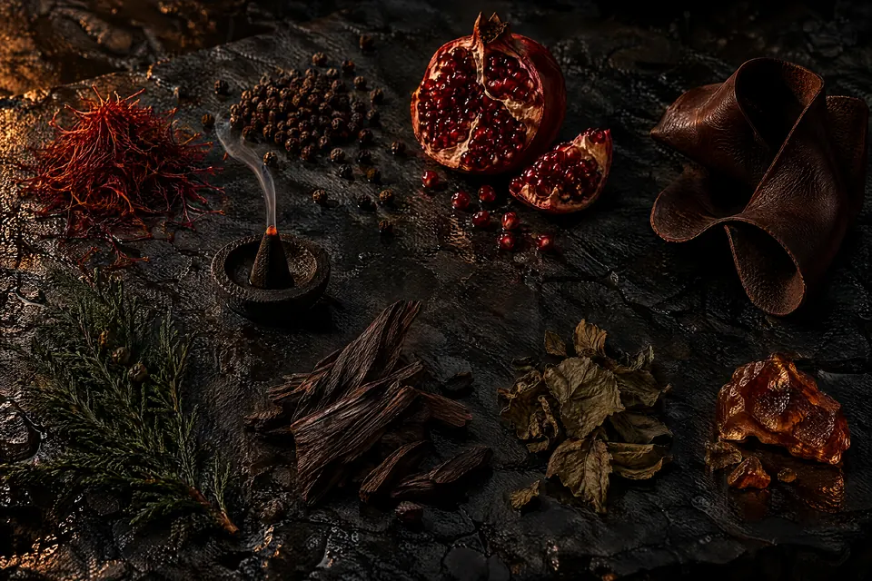 The ingredients of No. 2 Hades: Saffron, Black Pepper, Pomegranate, Incense, Leather, Cypress, Oud, Patchouli, Dark Amber.