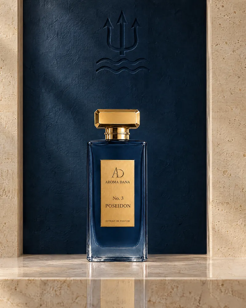 The No. 3 Poseidon 50 mL bottle: deep navy glass, gold cap and gold label