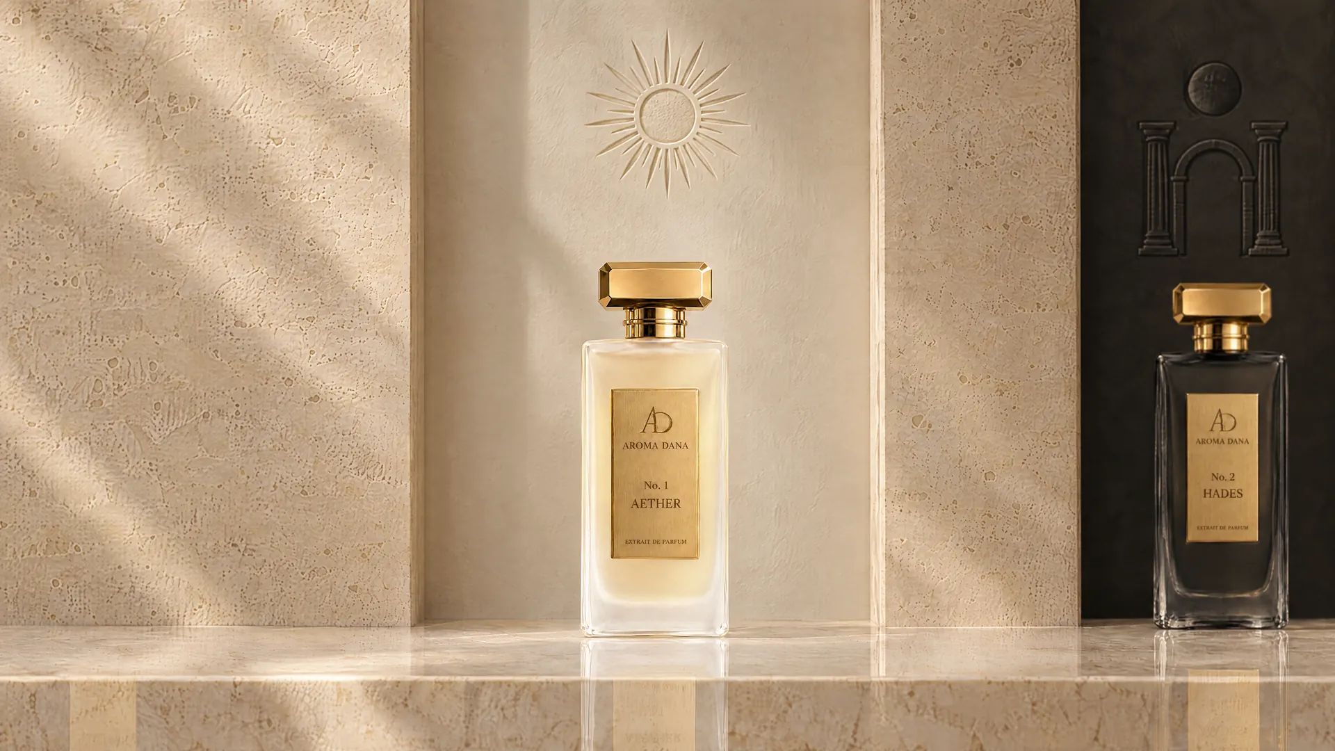 The No. 1 Aether bottle standing in a recess of a cream travertine gallery wall, a sun disc carved above it. The next bottle in the line stands at the right edge.